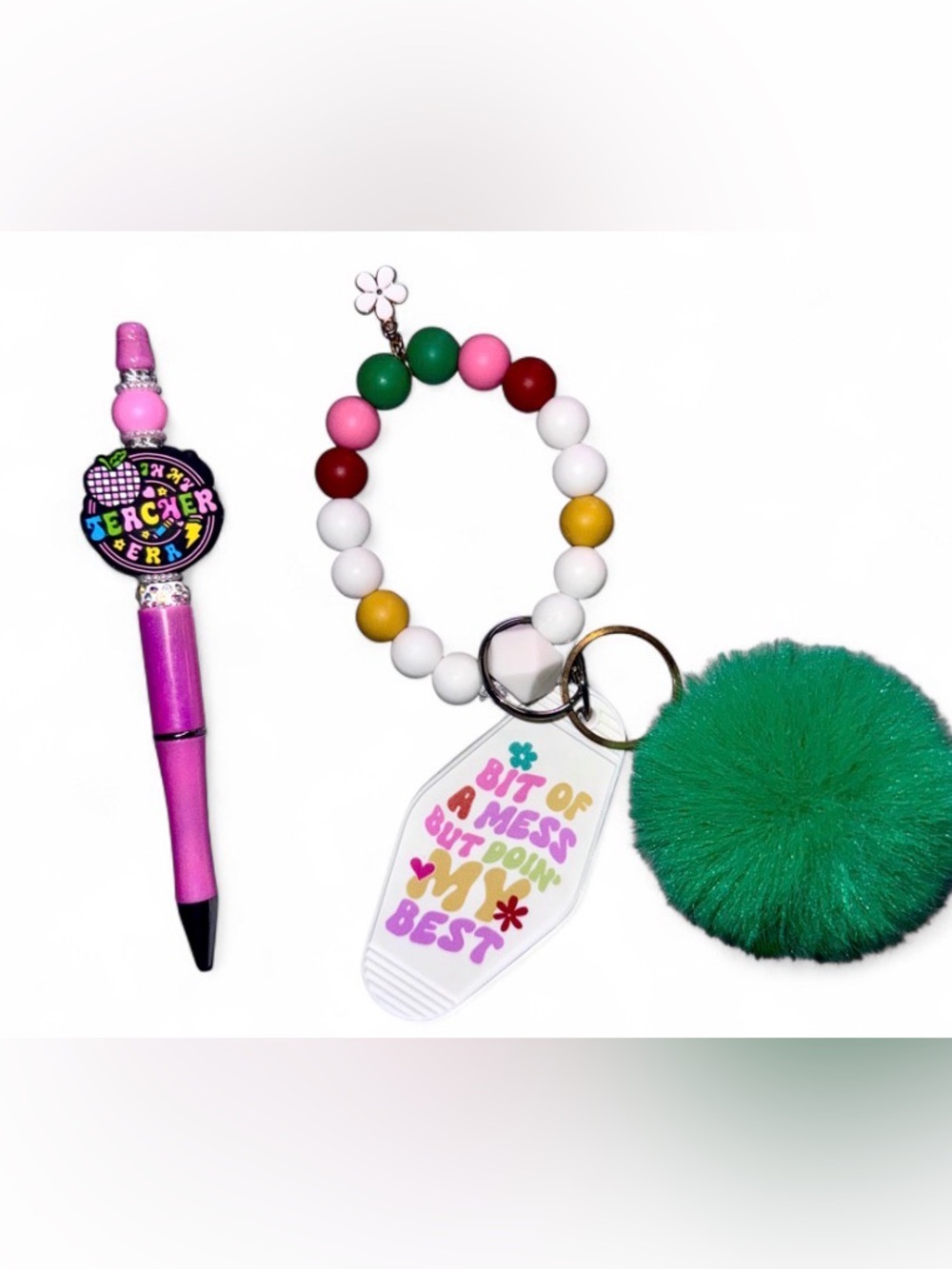 NWT Fun, Bright And Sassy Keychain + Teacher Themed Ball Point Pen Bundle